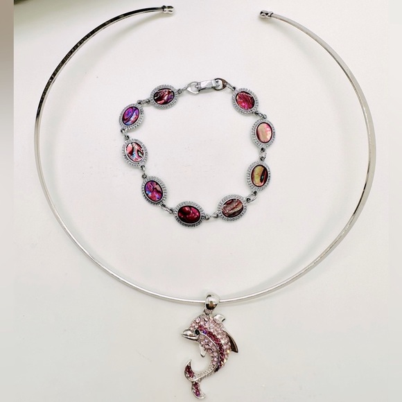 Rhinestone Dolphin Collar Necklace & Bracelet - Picture 1 of 17